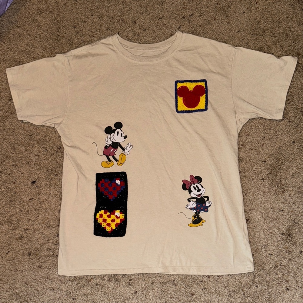Disney Beige Graphic T-Shirt With Mickey & Minnie Mouse Crochet Patchwork Hearts